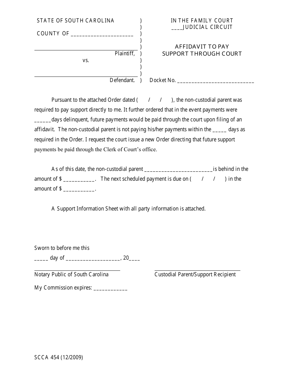 Form SCCA454 Affidavit to Pay Support Through Court - South Carolina, Page 1