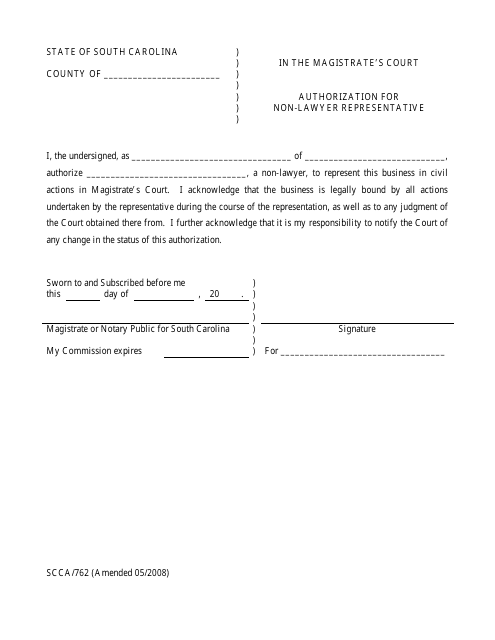 Form SCCA/762 Authorization for Non Lawyer Representative - South Carolina