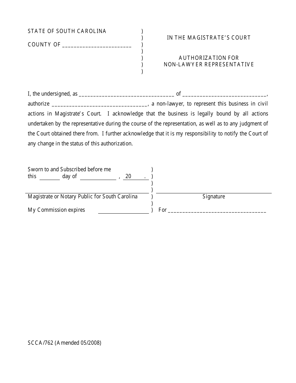 Form SCCA/762 Authorization for Non Lawyer Representative - South Carolina, Page 1