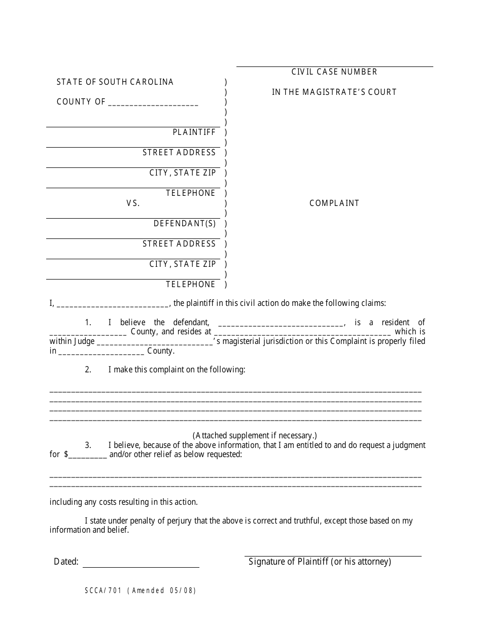 Form SCCA / 701 Complaint - South Carolina, Page 1