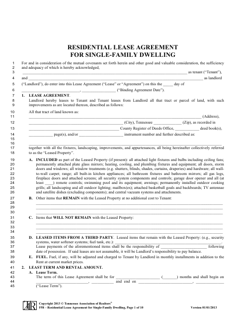 Form F58 Residential Lease Agreement for Single-Family Dwelling - Tennessee Association of Realtors - Tennessee