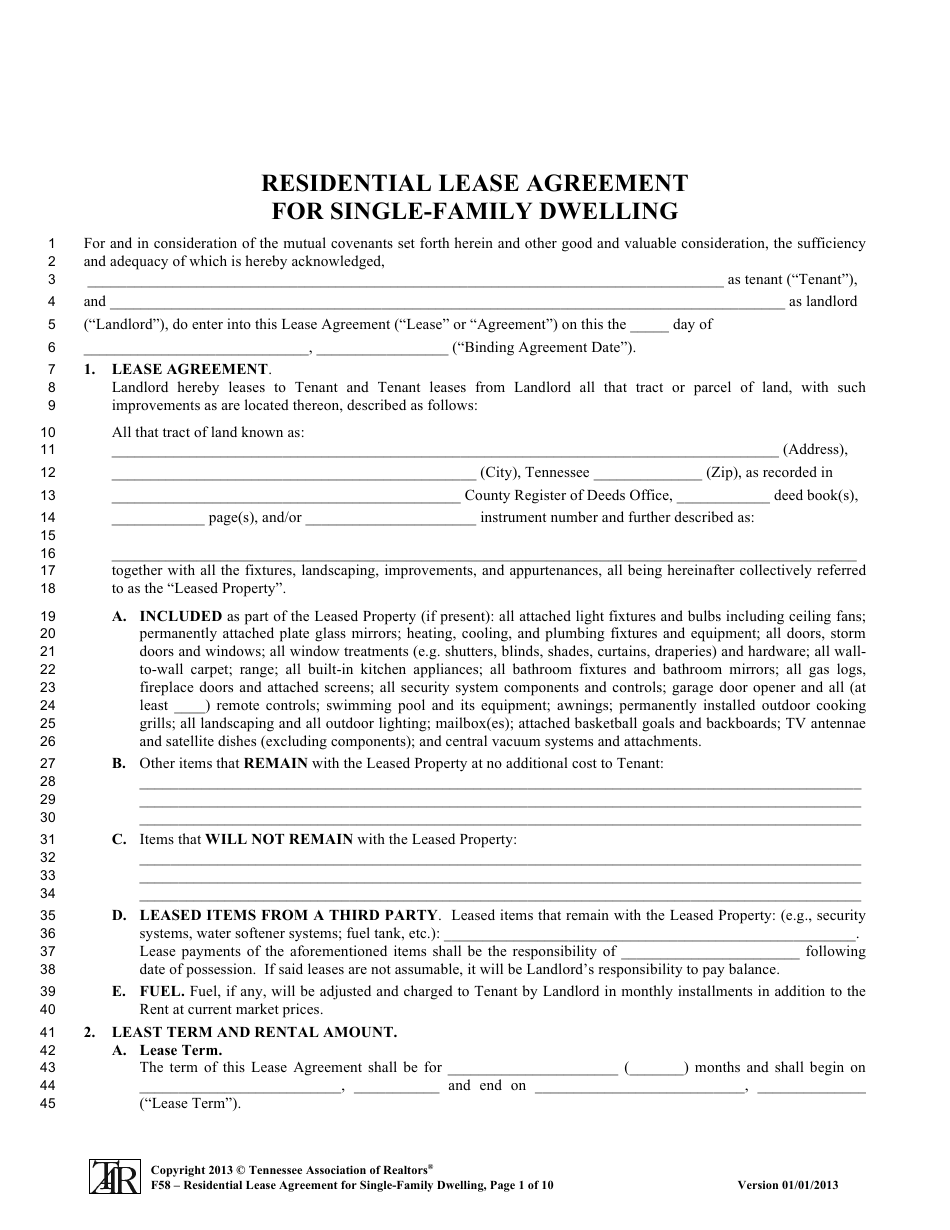 Form F58 Residential Lease Agreement for Single-Family Dwelling - Tennessee Association of Realtors - Tennessee, Page 1