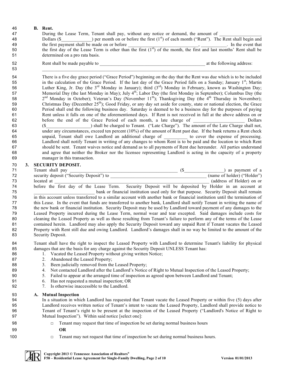Form F58 Residential Lease Agreement for Single-Family Dwelling - Tennessee Association of Realtors - Tennessee, Page 2