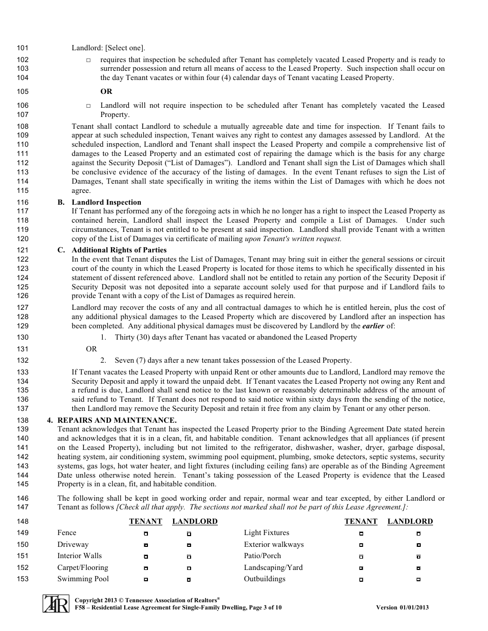 Form F58 Residential Lease Agreement for Single-Family Dwelling - Tennessee Association of Realtors - Tennessee, Page 3