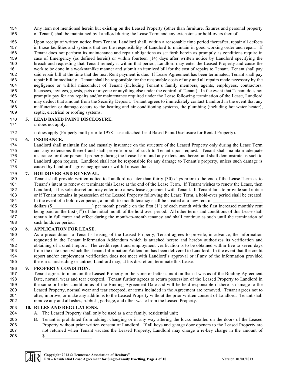 Form F58 Residential Lease Agreement for Single-Family Dwelling - Tennessee Association of Realtors - Tennessee, Page 4