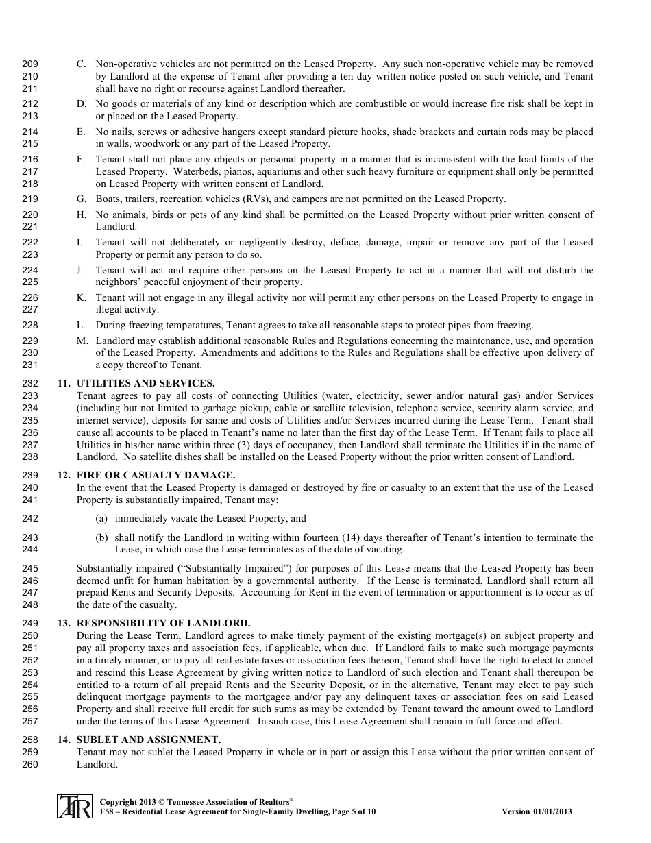 Form F58 Residential Lease Agreement for Single-Family Dwelling - Tennessee Association of Realtors - Tennessee, Page 5