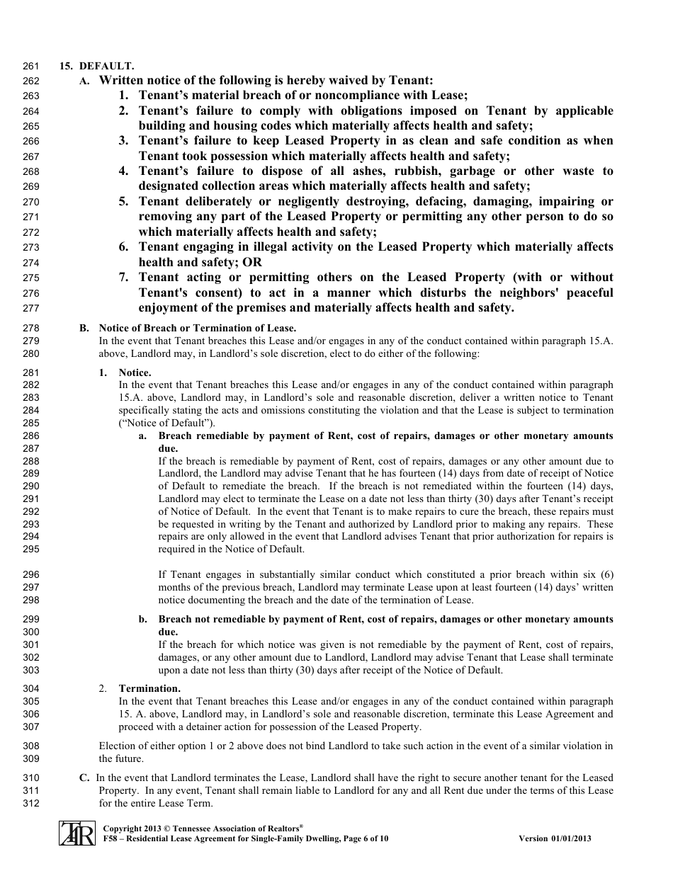 Form F58 Residential Lease Agreement for Single-Family Dwelling - Tennessee Association of Realtors - Tennessee, Page 6