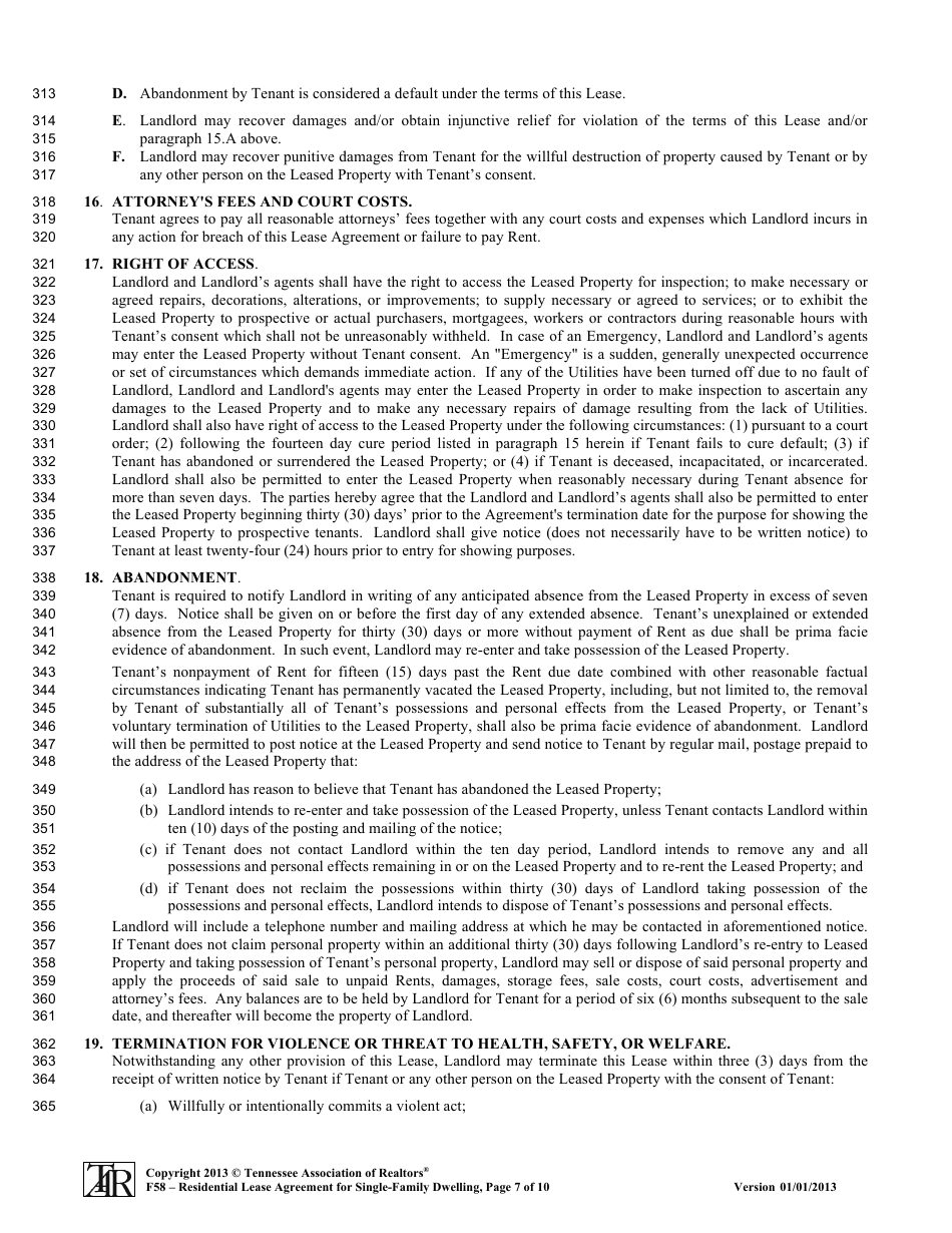 Form F58 Residential Lease Agreement for Single-Family Dwelling - Tennessee Association of Realtors - Tennessee, Page 7