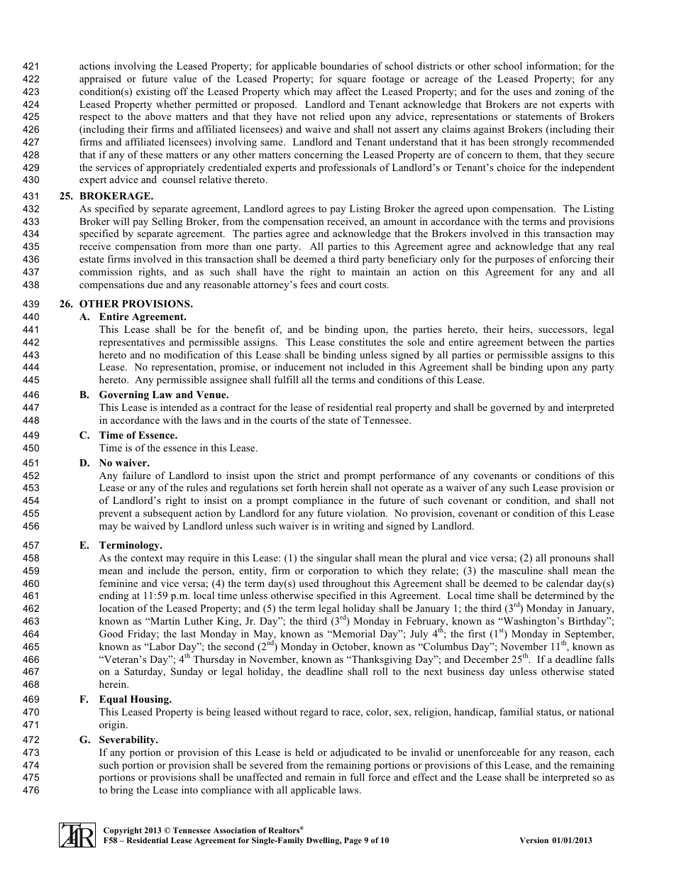 Form F58 Residential Lease Agreement for Single-Family Dwelling - Tennessee Association of Realtors - Tennessee, Page 9