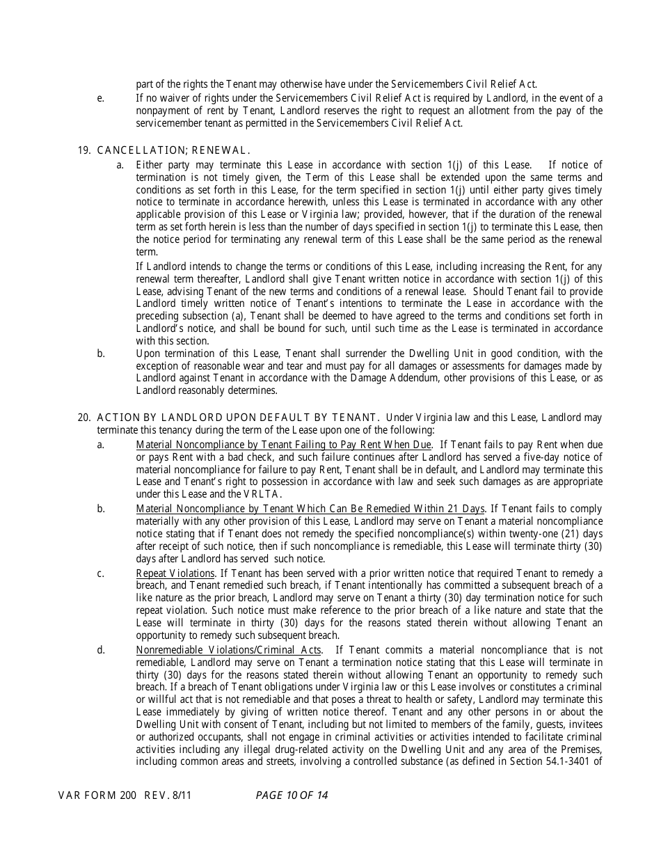 Form 200 Residential Lease - Virginia Association of Realtors - Virginia, Page 10