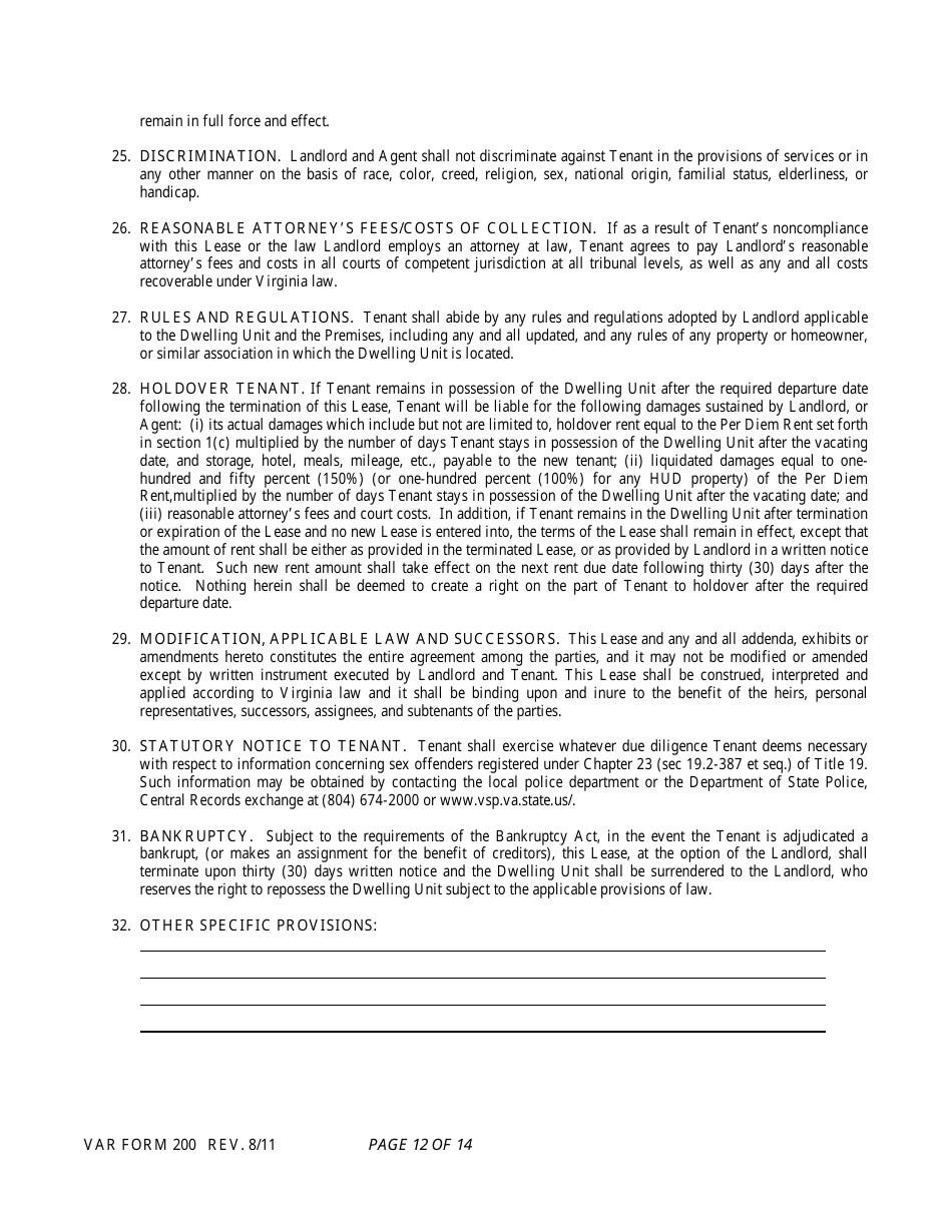 Form 200 Residential Lease - Virginia Association of Realtors - Virginia, Page 12