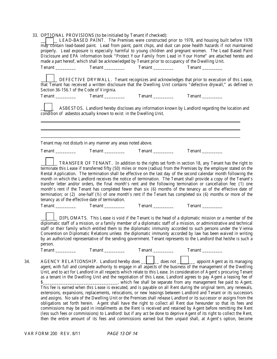 Form 200 Residential Lease - Virginia Association of Realtors - Virginia, Page 13