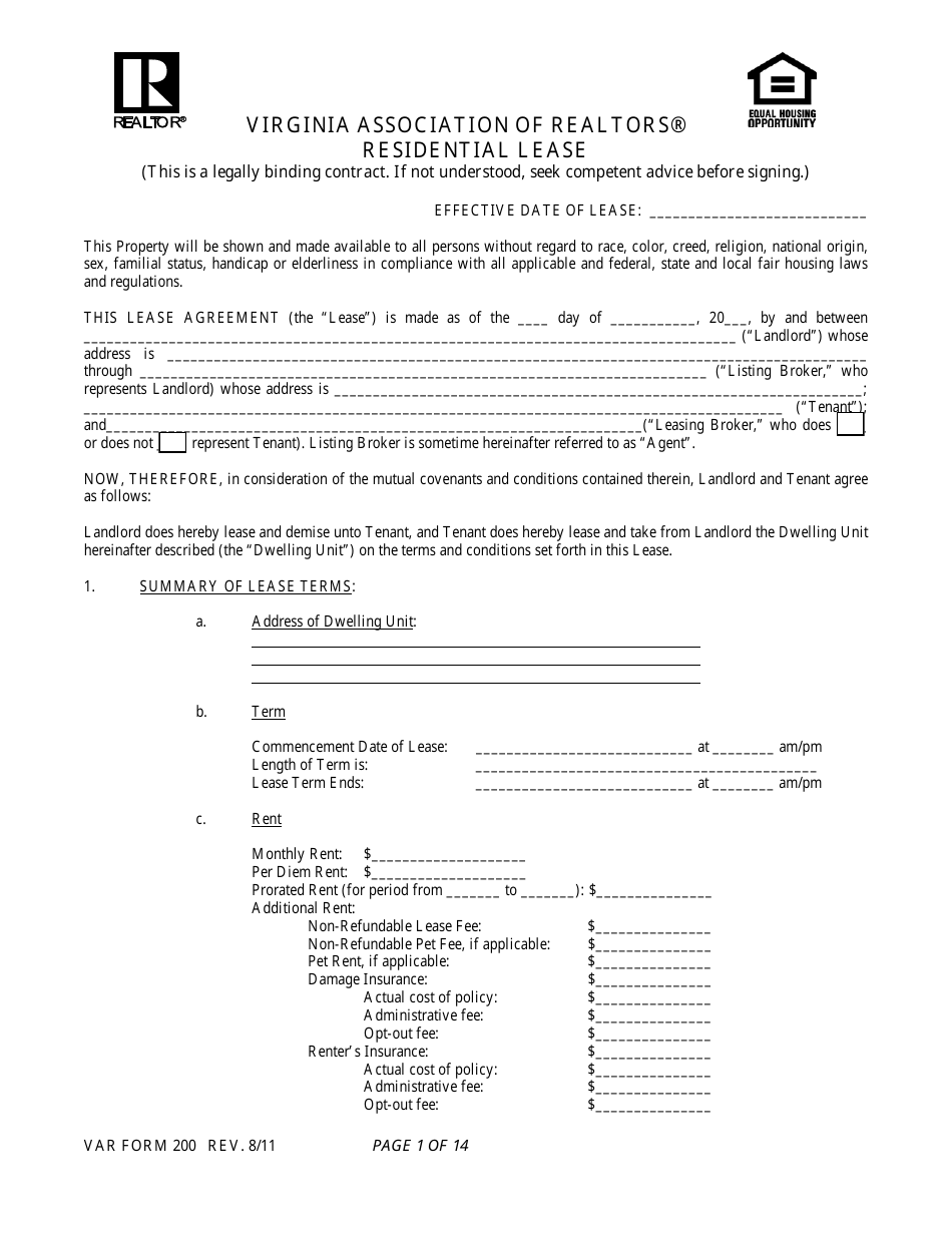 Form 200 Residential Lease - Virginia Association of Realtors - Virginia, Page 1