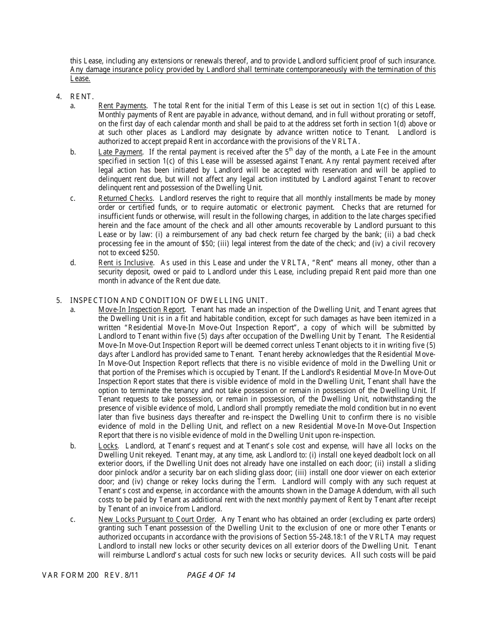 Form 200 Residential Lease - Virginia Association of Realtors - Virginia, Page 4