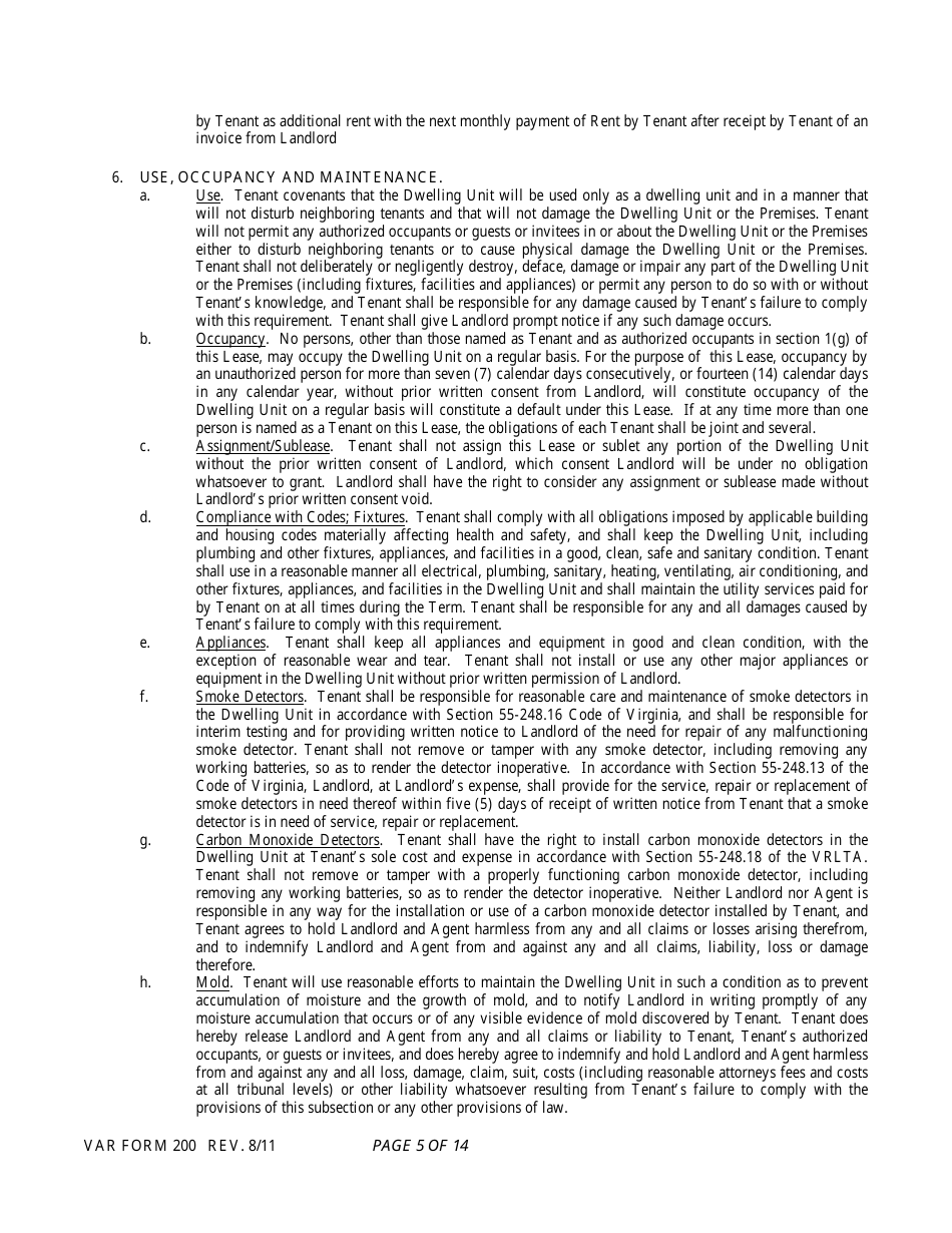 Form 200 Residential Lease - Virginia Association of Realtors - Virginia, Page 5