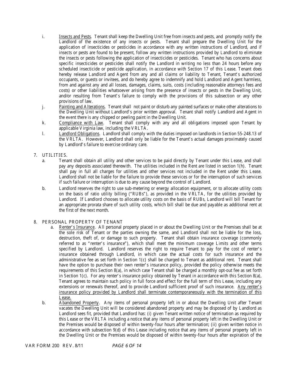 Form 200 Residential Lease - Virginia Association of Realtors - Virginia, Page 6