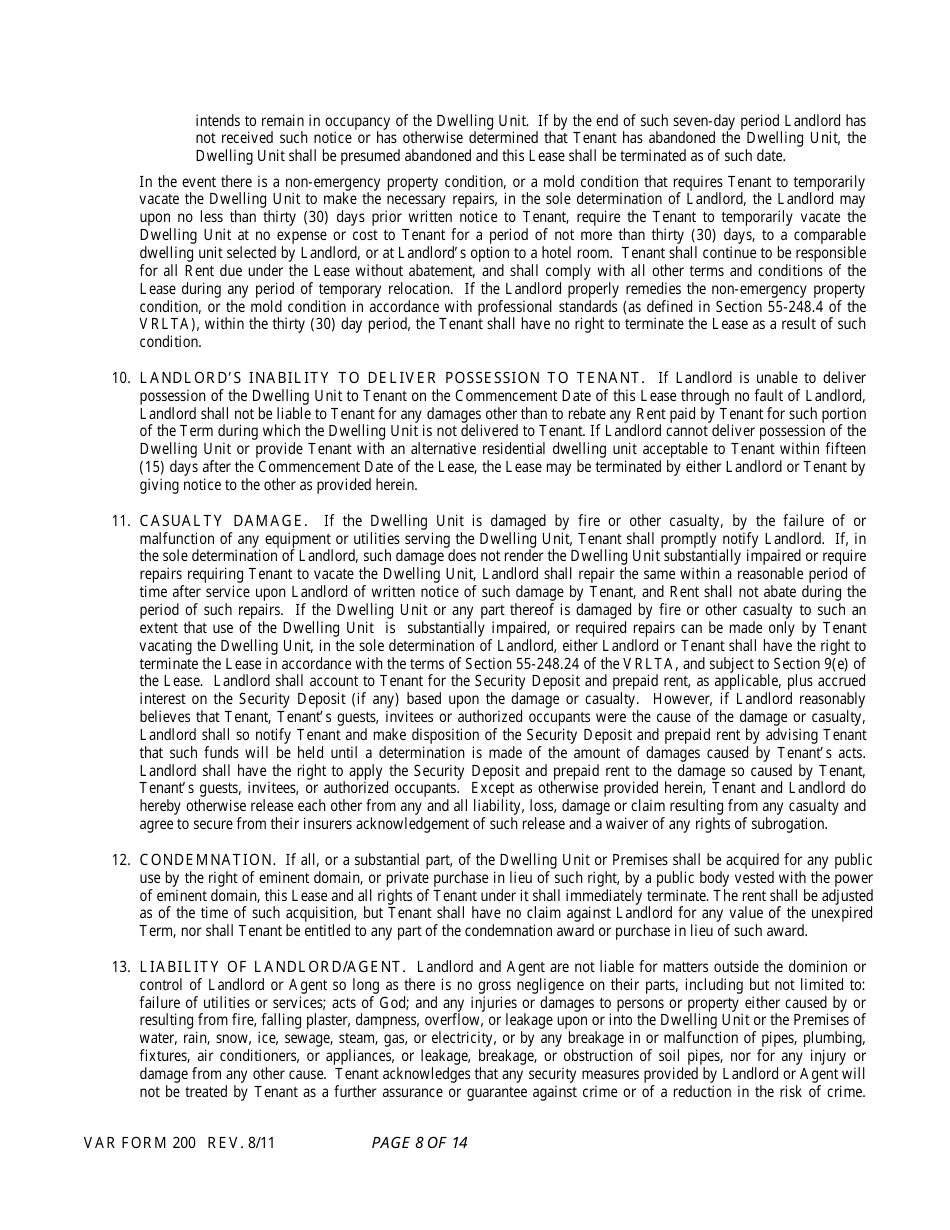 Form 200 Residential Lease - Virginia Association of Realtors - Virginia, Page 8