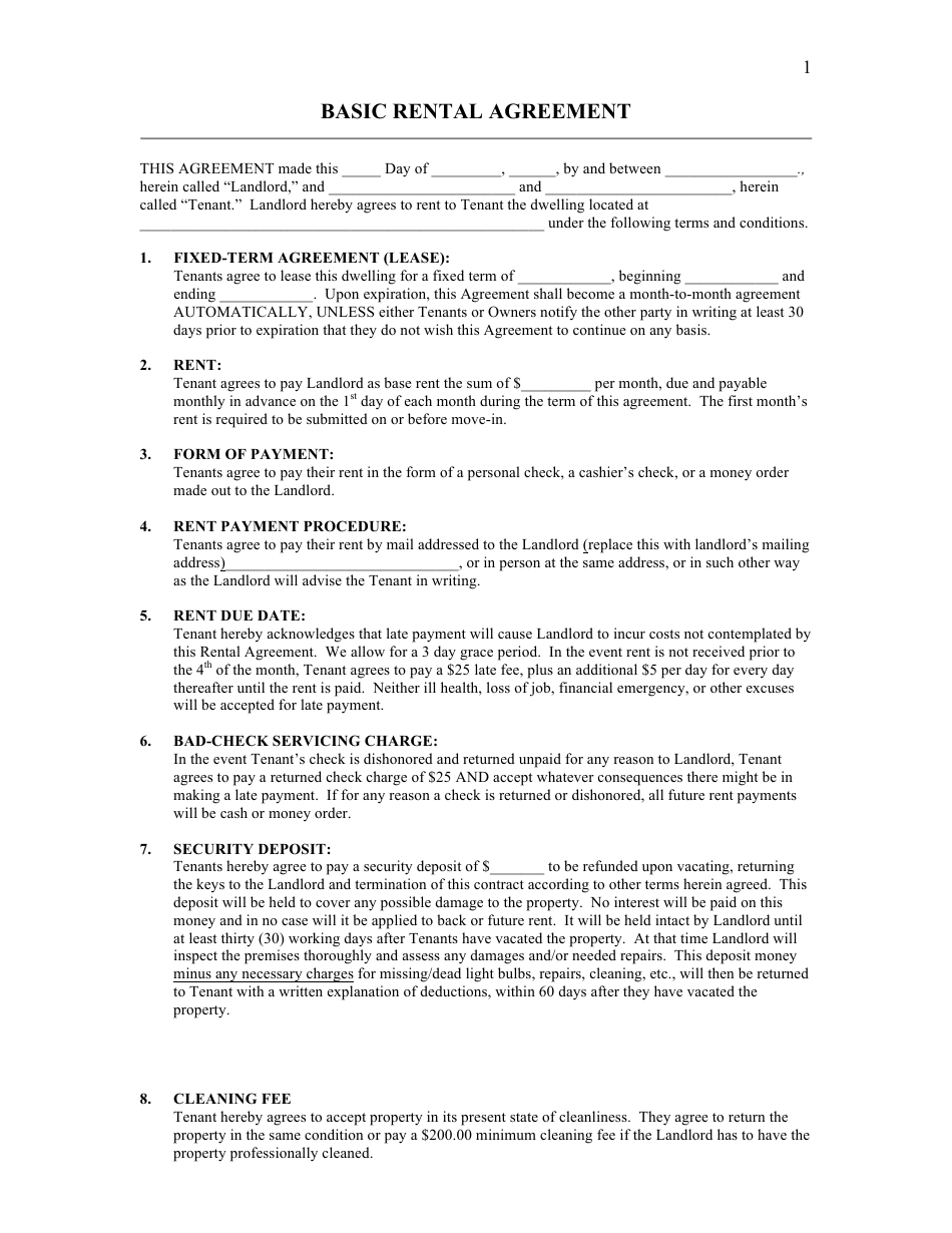 Basic Rental Agreement Template, Page 1