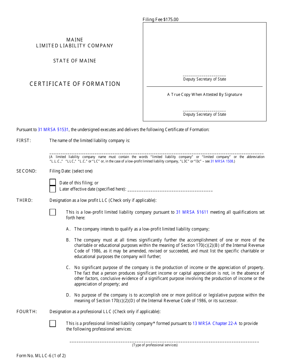 Form MLLC-6 Certificate of Formation - Maine, Page 1