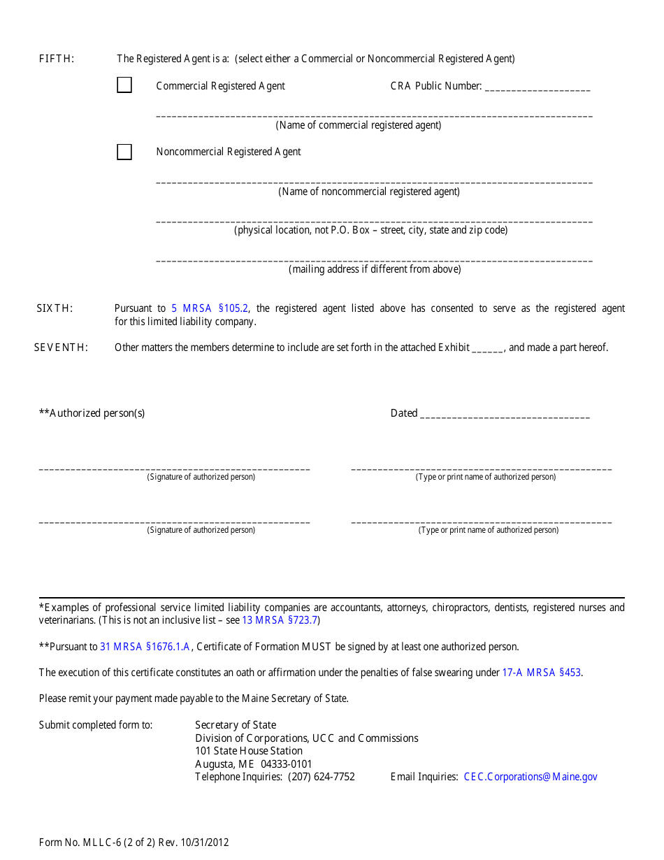 Form MLLC-6 Certificate of Formation - Maine, Page 2
