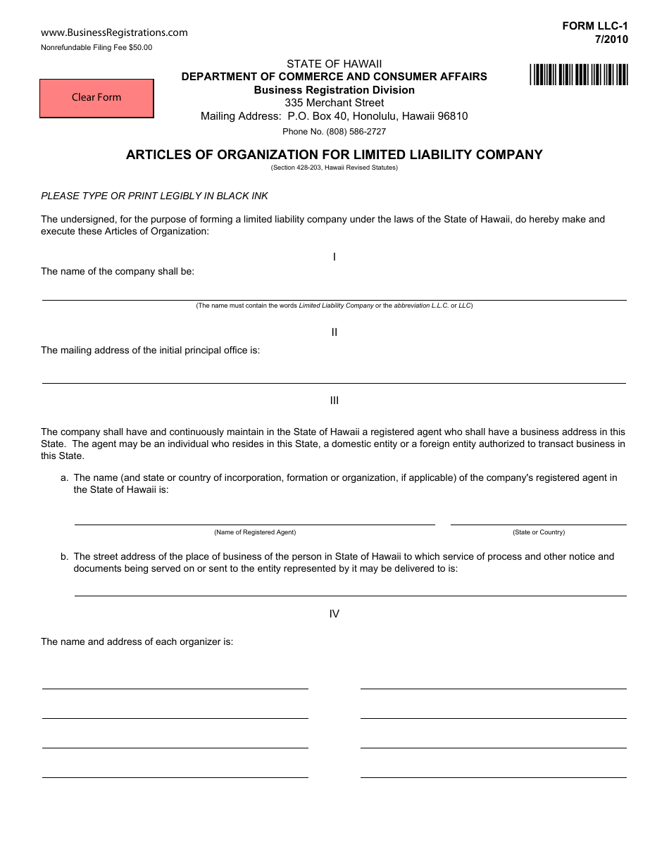 Form LLC-1 Articles of Organization for Limited Liability Company - Hawaii, Page 1