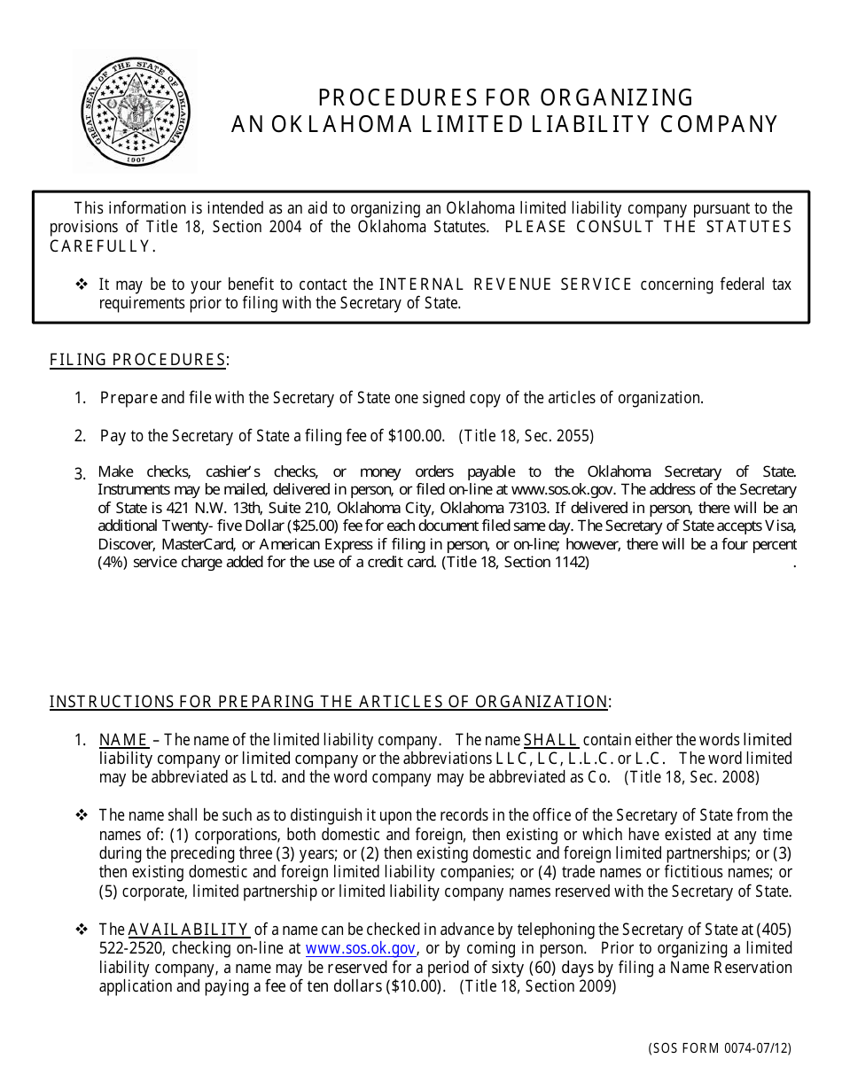 SOS Form 0073 Articles of Organization (Oklahoma Limited Liability Company) - Oklahoma, Page 1