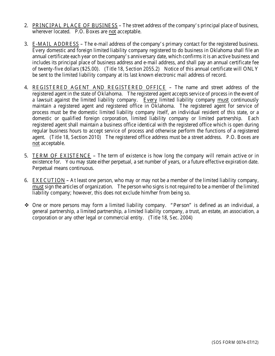 SOS Form 0073 Articles of Organization (Oklahoma Limited Liability Company) - Oklahoma, Page 2