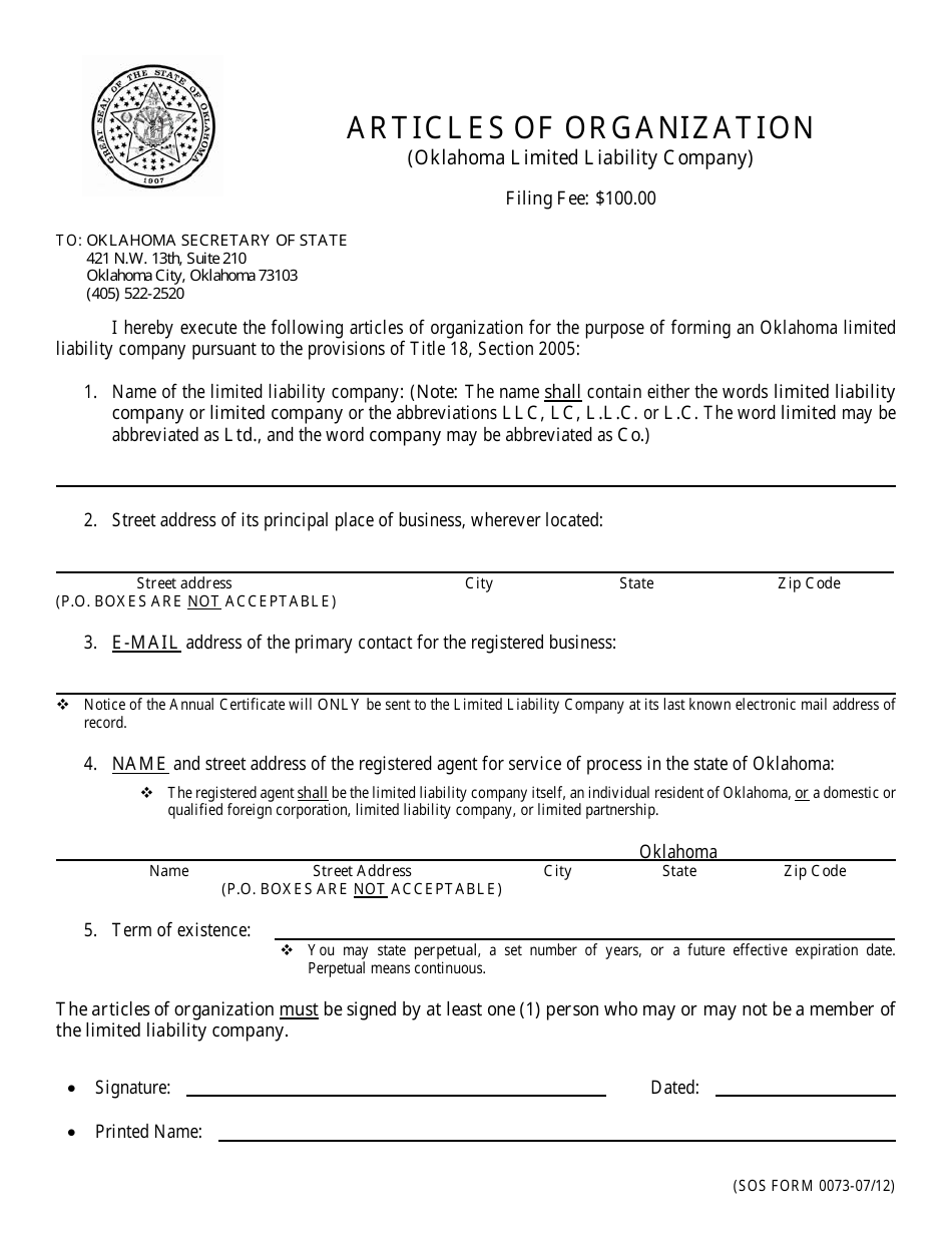 SOS Form 0073 Articles of Organization (Oklahoma Limited Liability Company) - Oklahoma, Page 3