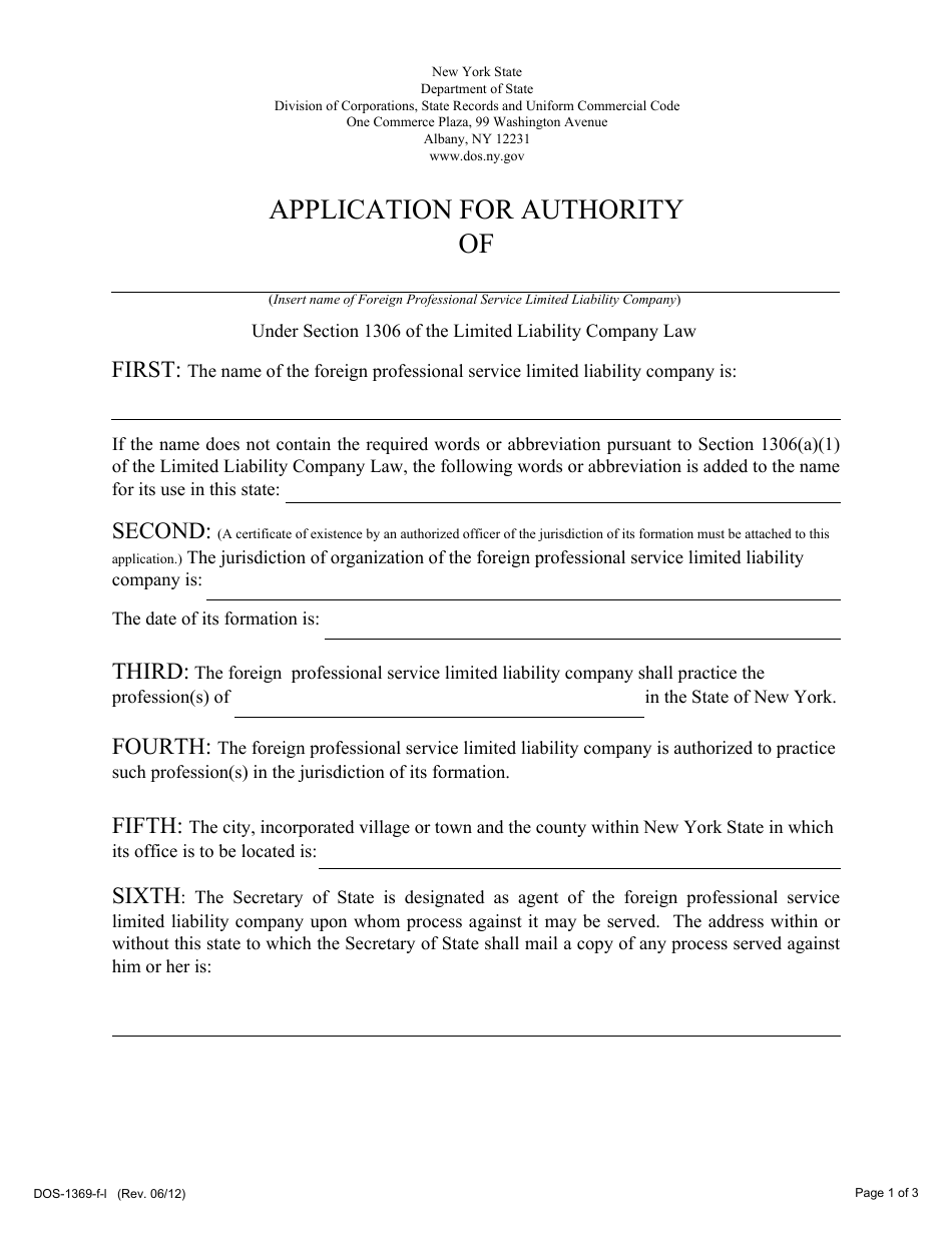Form DOS-1369-F-I Application for Authority - New York, Page 1