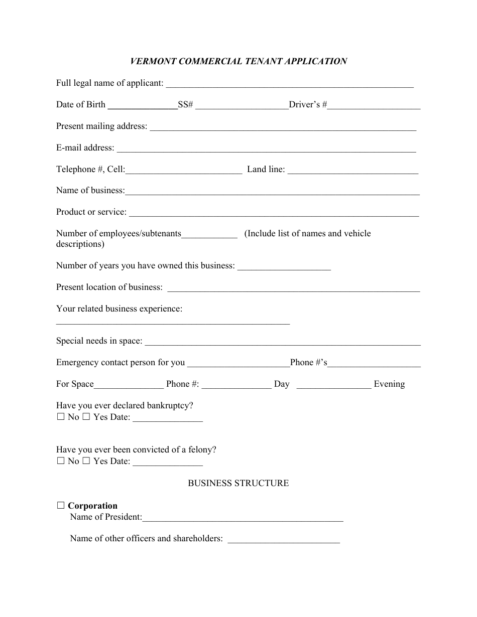 Commercial Tenant Application Form - Vermont, Page 1