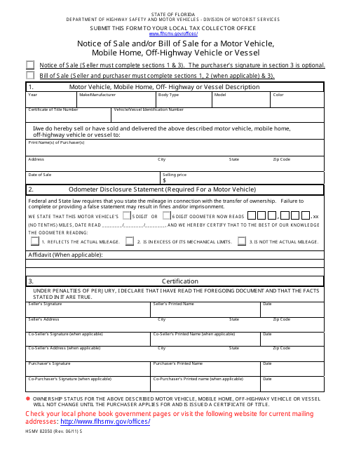 Form HSMV-82050 Notice of Sale and/or Bill of Sale for a Motor Vehicle, Mobile Home, Off-Highway Vehicle or Vessel - Florida