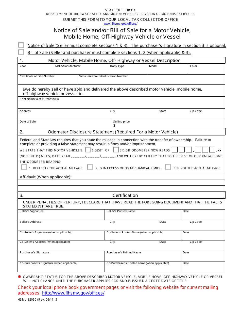 Form HSMV-82050 Notice of Sale and / or Bill of Sale for a Motor Vehicle, Mobile Home, Off-Highway Vehicle or Vessel - Florida, Page 1