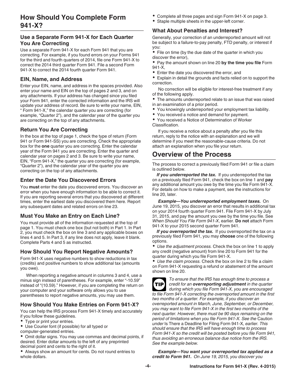 Instructions for IRS Form 941-X Adjusted Employers Quarterly Federal Tax Return or Claim for Refund, Page 4