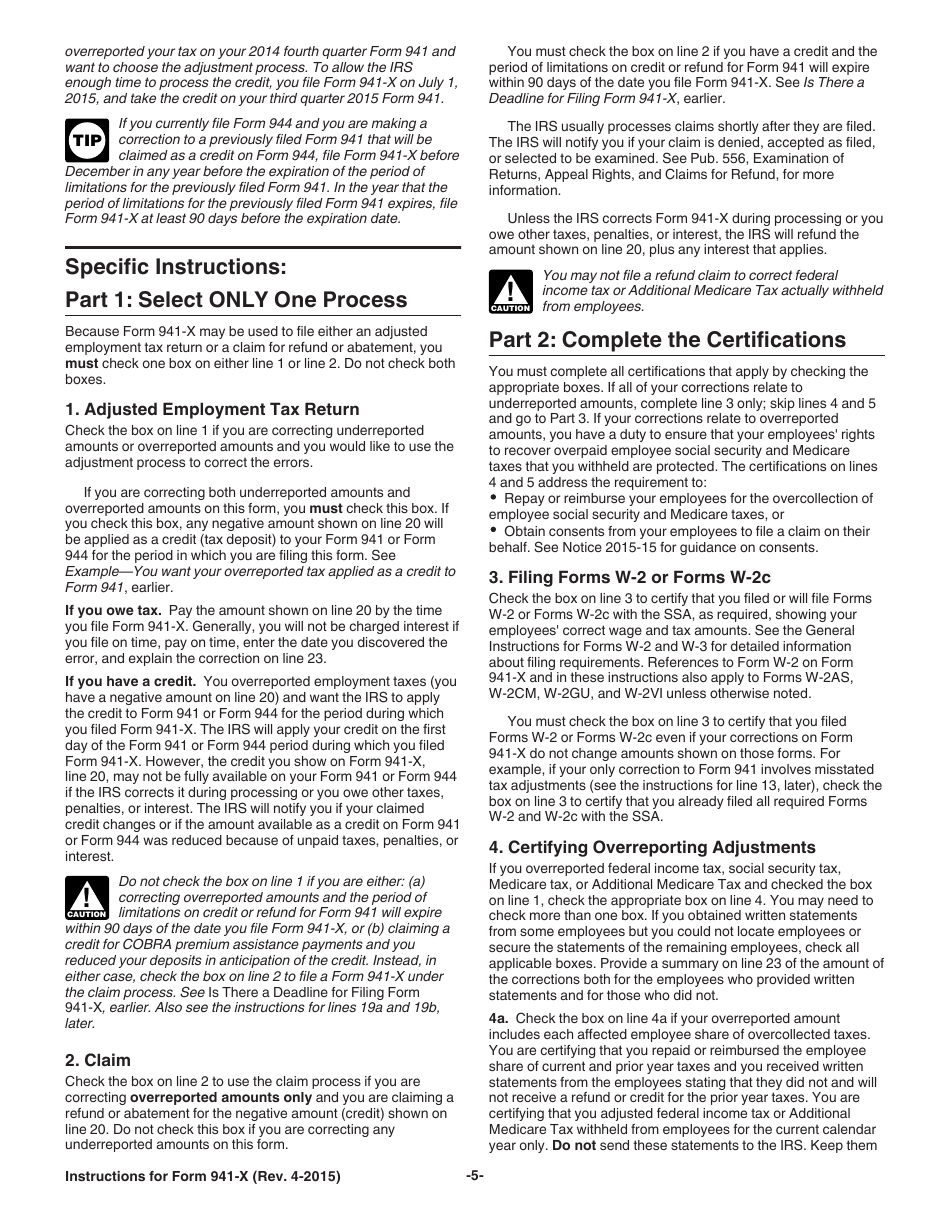Instructions for IRS Form 941-X Adjusted Employers Quarterly Federal Tax Return or Claim for Refund, Page 5