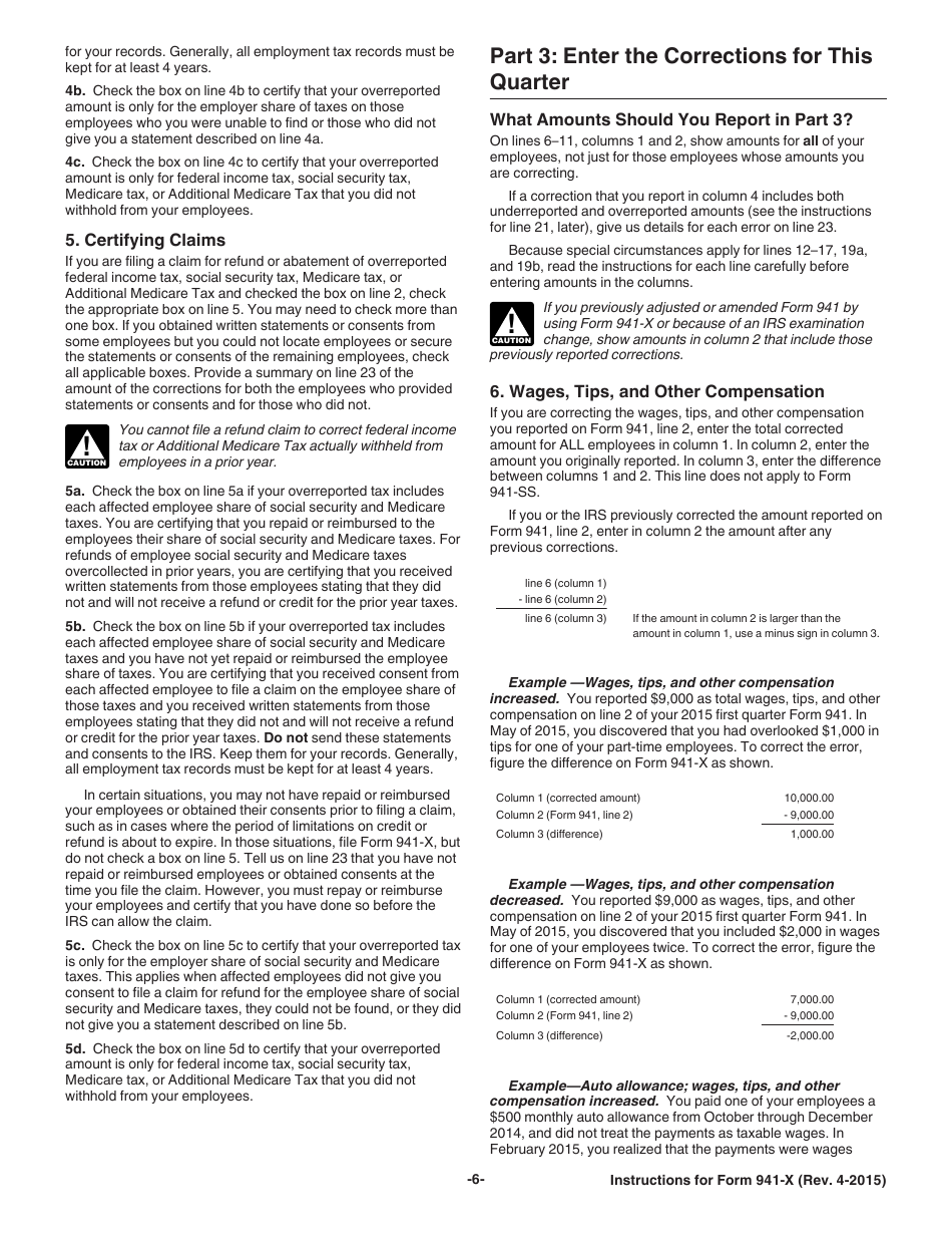 Instructions for IRS Form 941-X Adjusted Employers Quarterly Federal Tax Return or Claim for Refund, Page 6