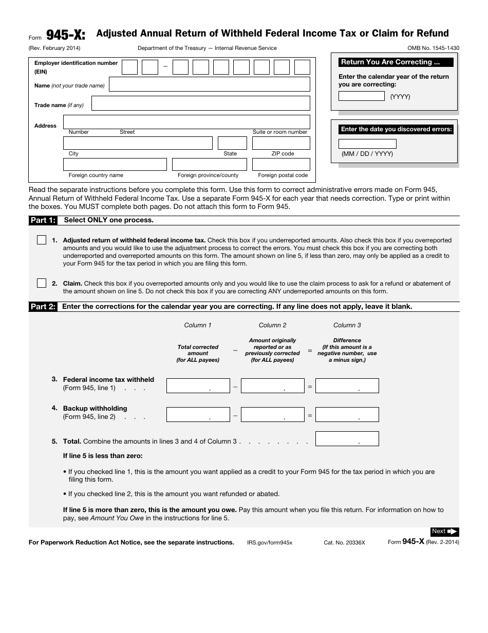 IRS Form 945-X Adjusted Annual Return of Withheld Federal Income Tax or Claim for Refund, Page 1