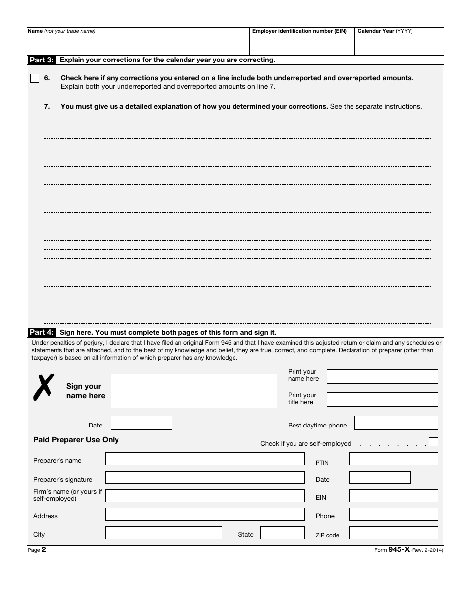 IRS Form 945-X Adjusted Annual Return of Withheld Federal Income Tax or Claim for Refund, Page 2