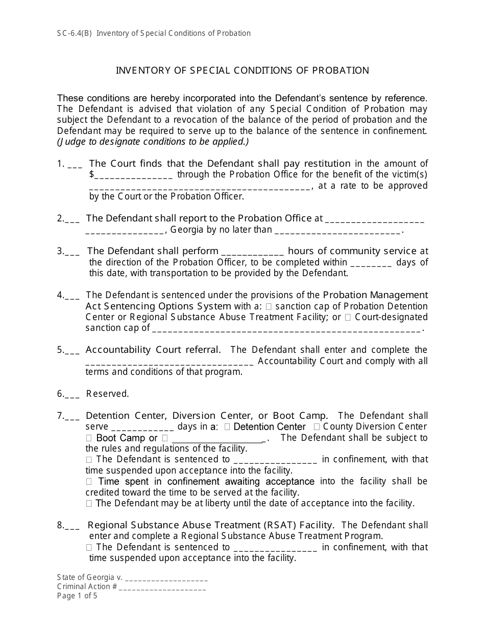 Form SC-6.4(B) Inventory of Special Conditions of Probation - Georgia (United States), Page 1
