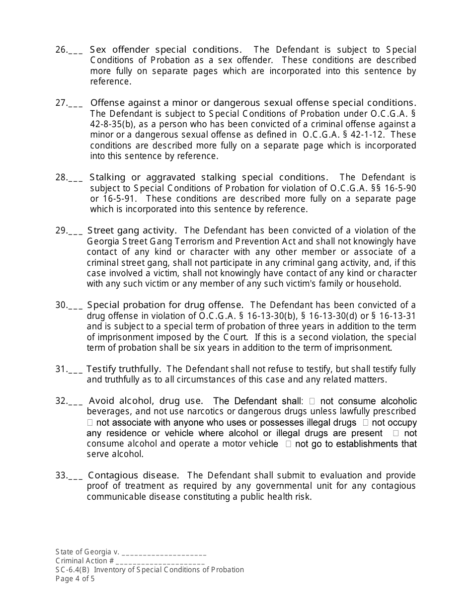 Form SC-6.4(B) Inventory of Special Conditions of Probation - Georgia (United States), Page 4