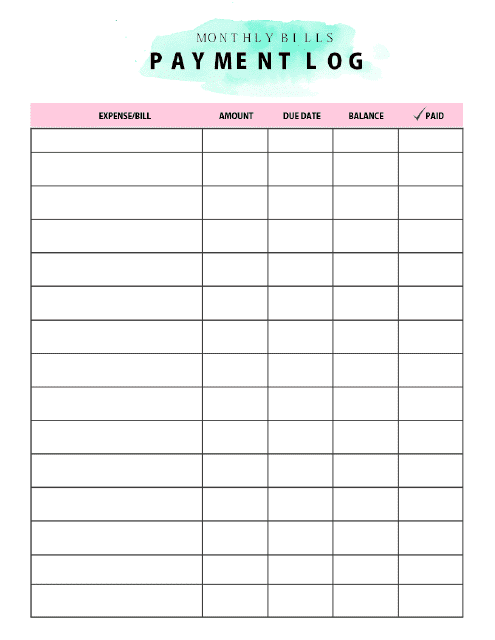 Green-Pink Monthly Bills Payment Log Template