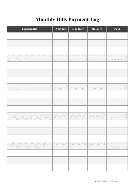 Monthly Bills Payment Log Template