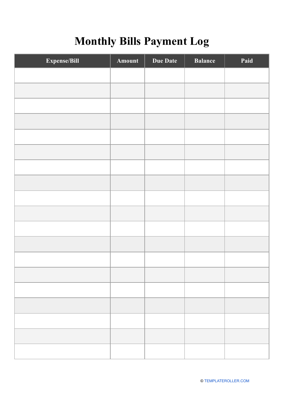 Monthly Bill Payment Log Free Printable Printable Templates