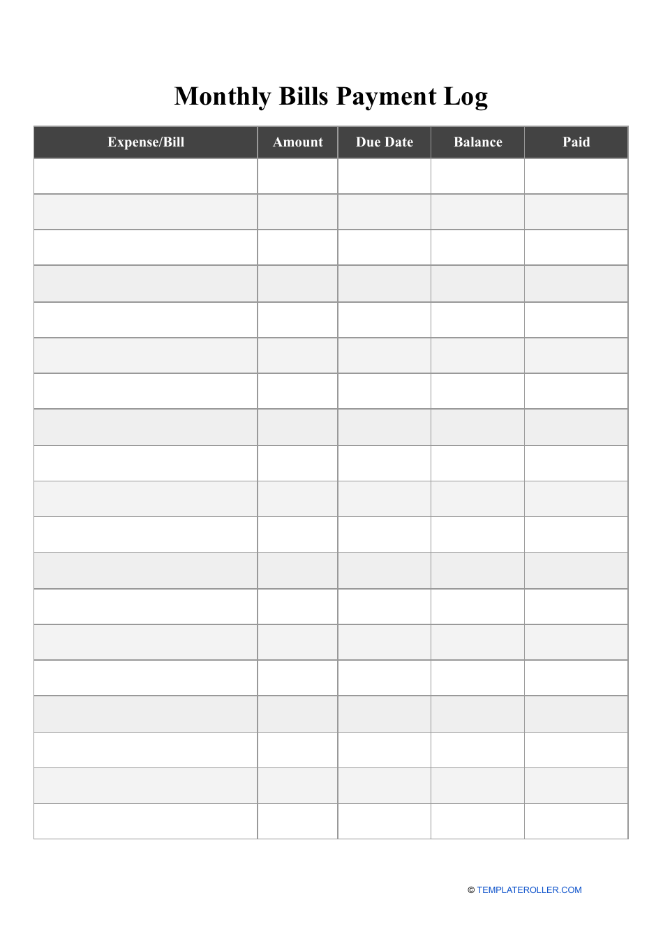 Monthly Bills Payment Log Template Download Printable PDF | Templateroller