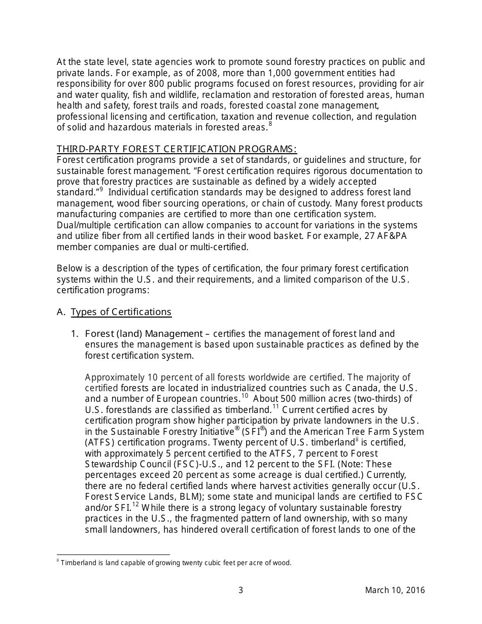 AFpa White Paper: Sustainable Forestry and Certification Programs in the United States, Page 3