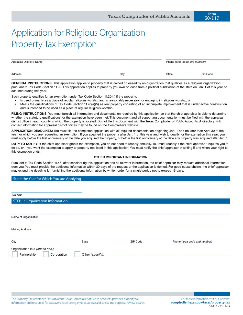Form 50-117 Application for Religious Organization Property Tax Exemption - Texas, Page 1