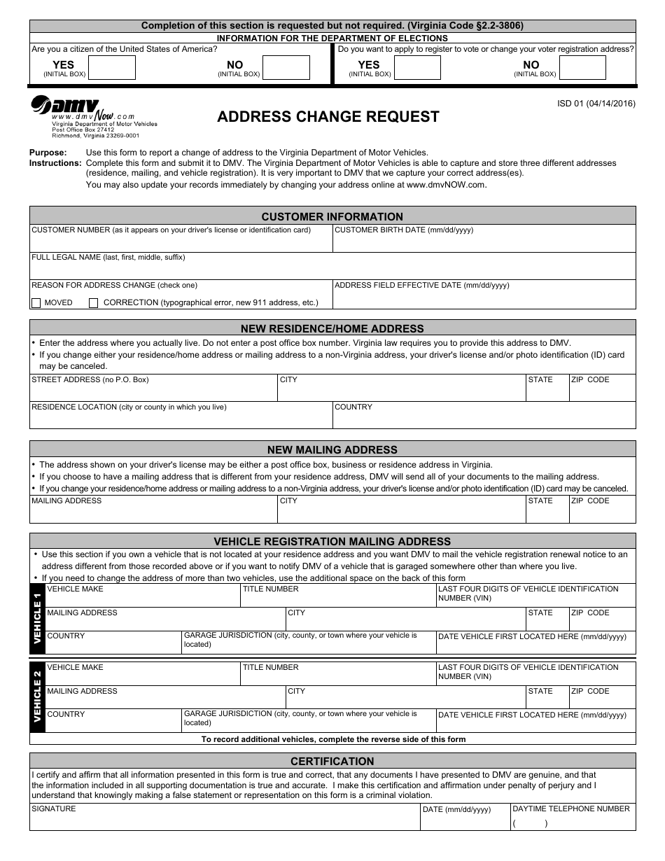 Form ISD01 Address Change Request - Virginia, Page 1