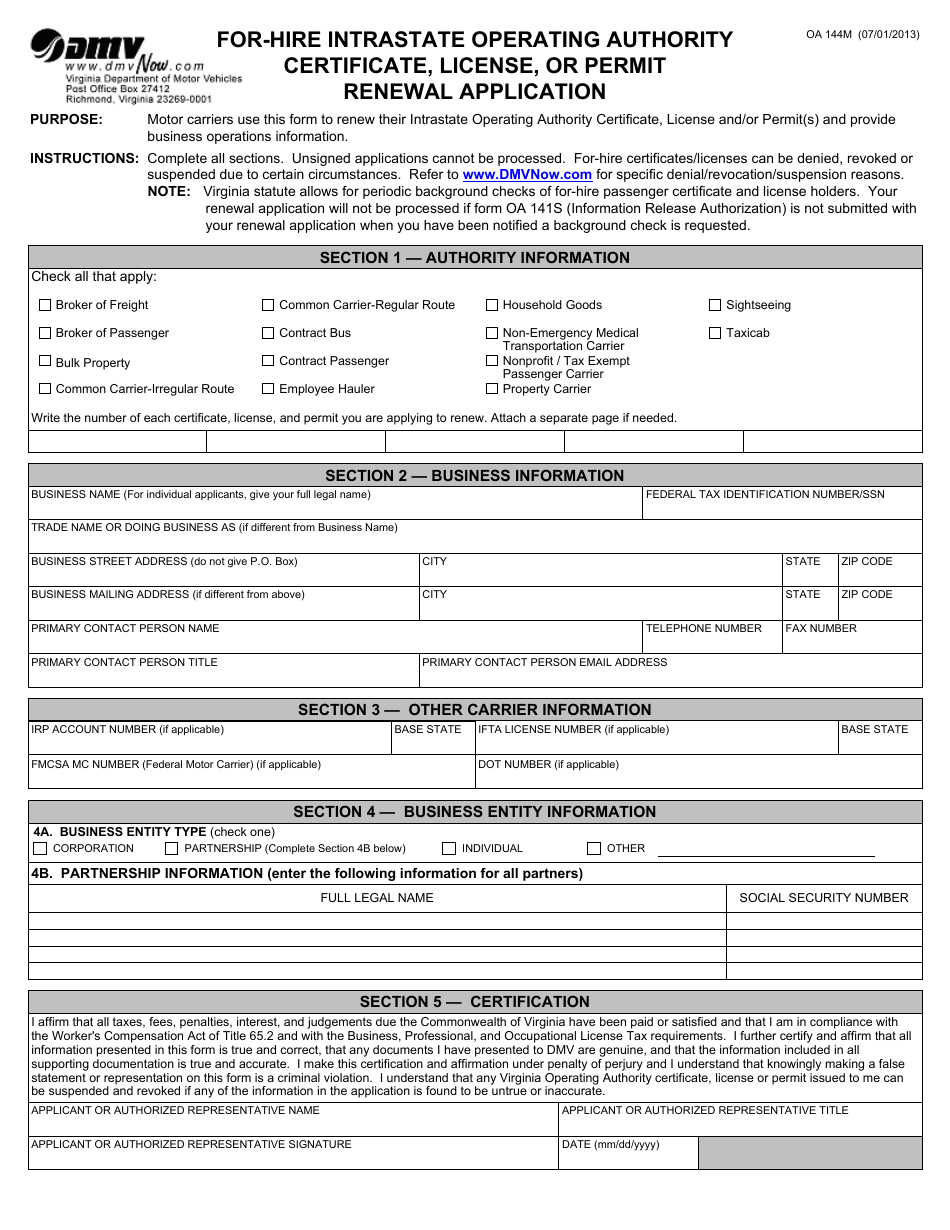 Form OA144M For-Hire Intrastate Operating Authority Certificate, License, or Permit Renewal Application - Virginia, Page 1