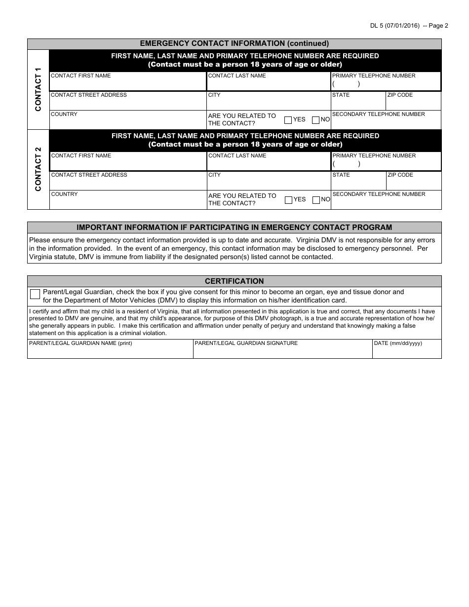 Form DL5 Identification Card Application for Minors Under Age 15 - Virginia, Page 2