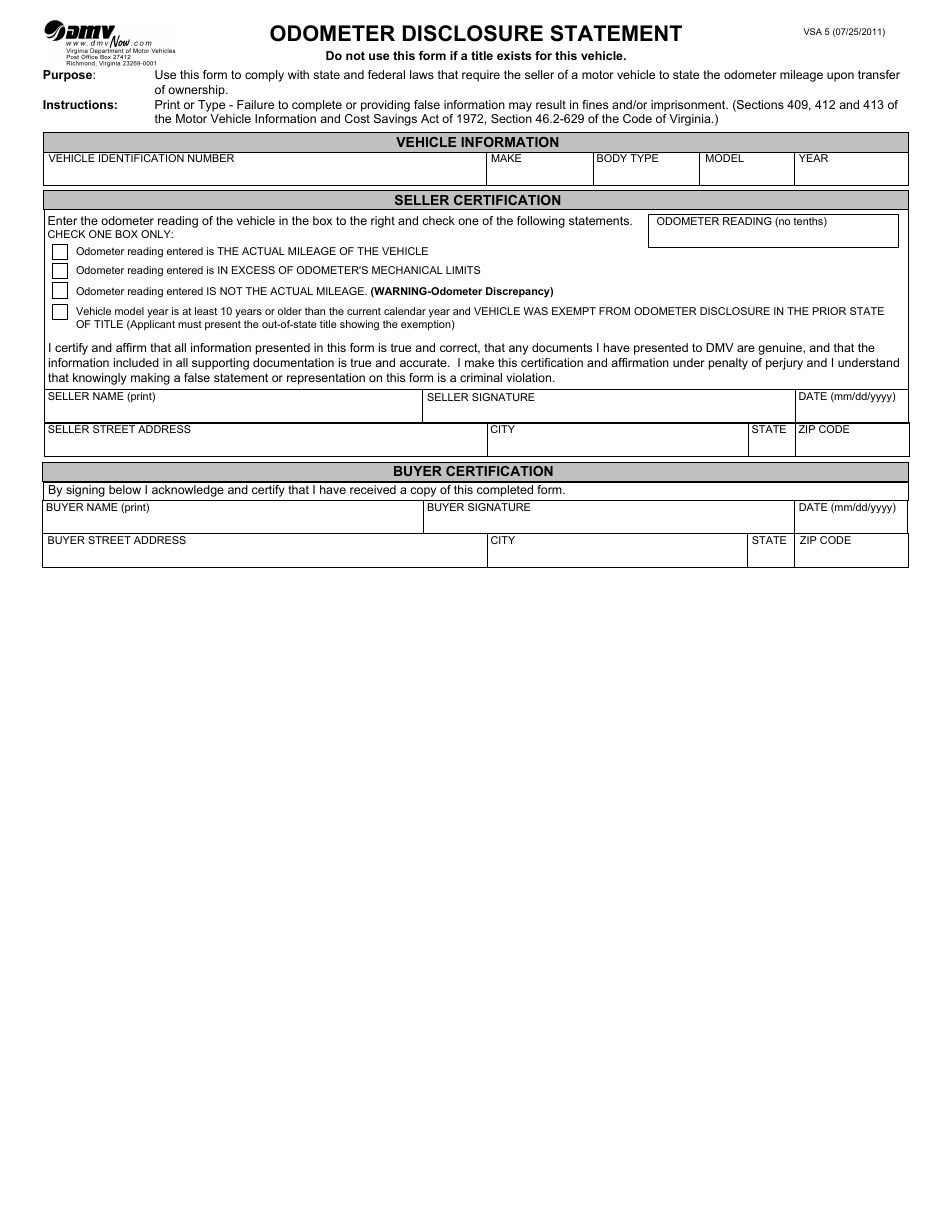 Form VSA5 Odometer Disclosure Statement - Virginia, Page 1