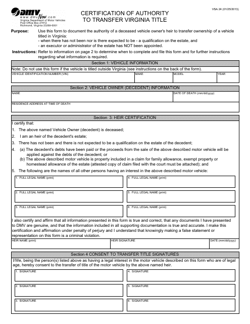Form VSA24 Certification of Authority to Transfer Virginia Title - Virginia